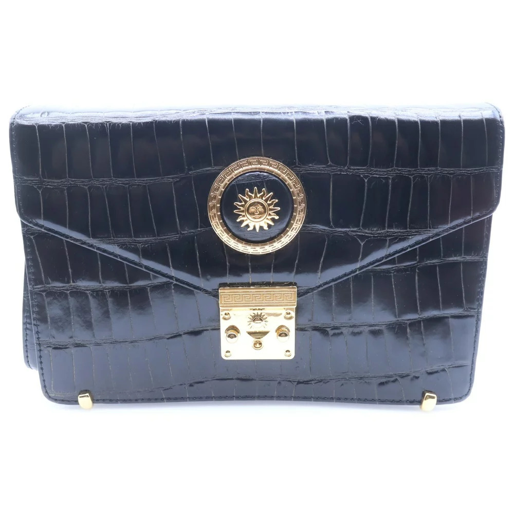 GIANNI VERSACE Sunburst Leather Clutch Bag Black Gold